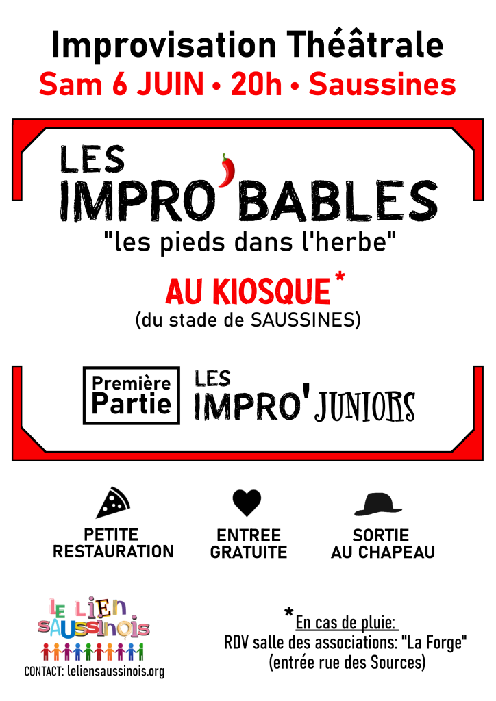 Affiche du spectacle de la troupe d'improvisation Les Improbables le 6 juin 2026 à 20 h au stade de Saussines